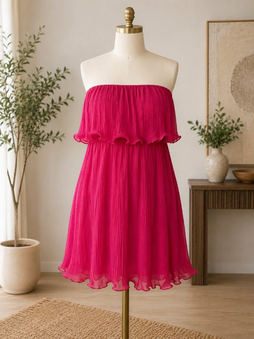 ELOQUII Hot Pink Pleated Strapless Ruffle Dress – Women’s Size 16 NWT